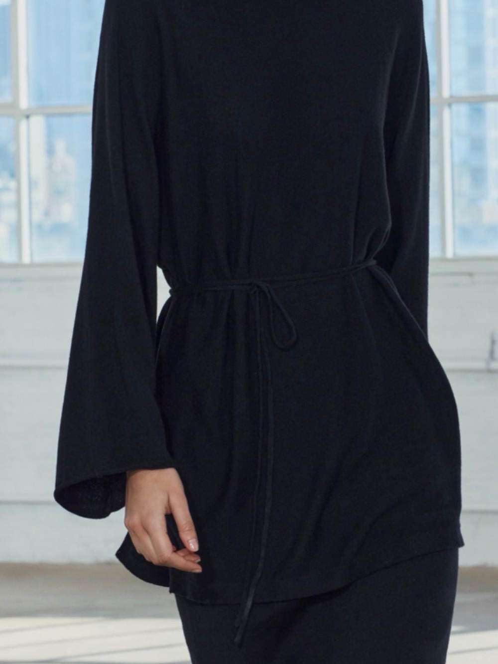 Black Tie-Waist Lightweight Knit Tunic